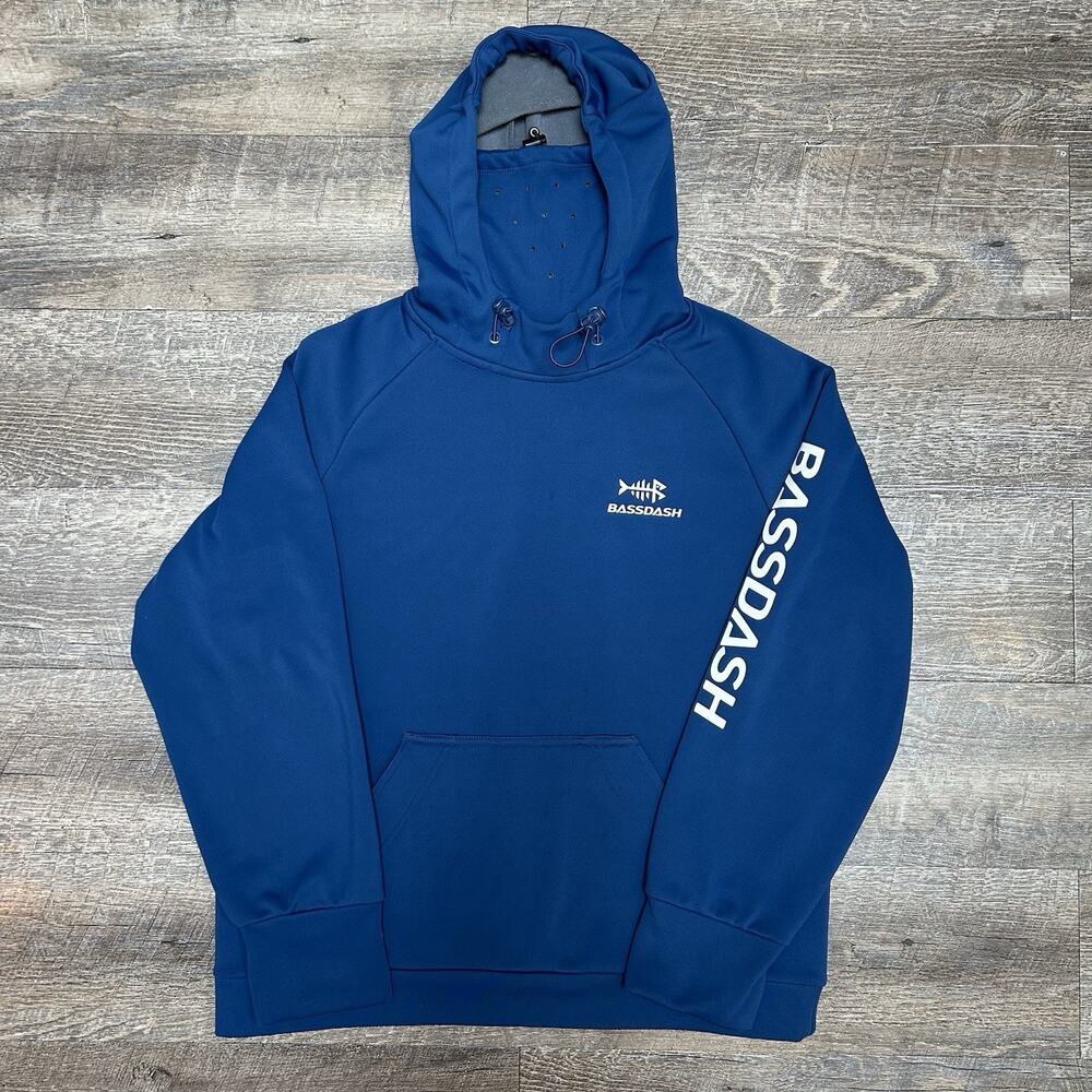 BASSDASH Blue Graphic Fish Logo Fleece Pullover Hoodie Pockets Men L